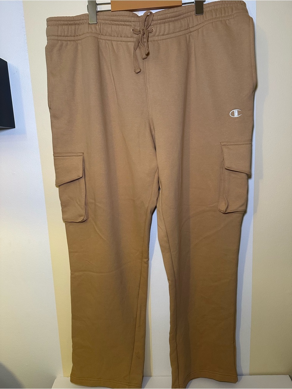 Champion Mens Fleece Cargo Sweatpants Beige Tan Khaki Size XXL Open Bottom